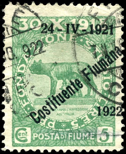 Fiume 5 centime overprint stamp (1922) – Leopoldo Metlicovitz Tablo