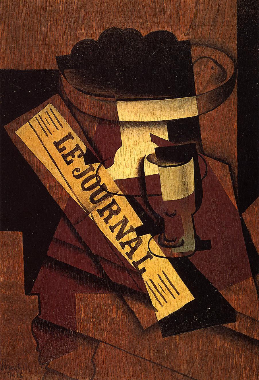 Fruit Dish, Glass and Newspaper (1916) - Juan Gris Tablo