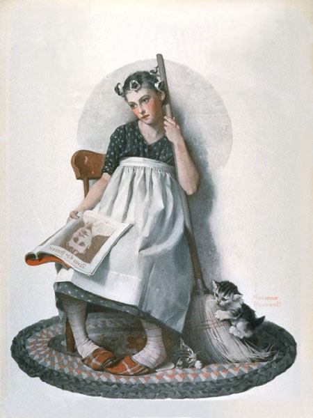 Girl Broom Kitten - Norman Rockwell Tablo