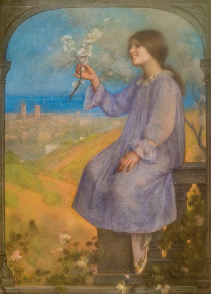 Girl Sitting With Landscape In The Background - Joan Brull Tablo
