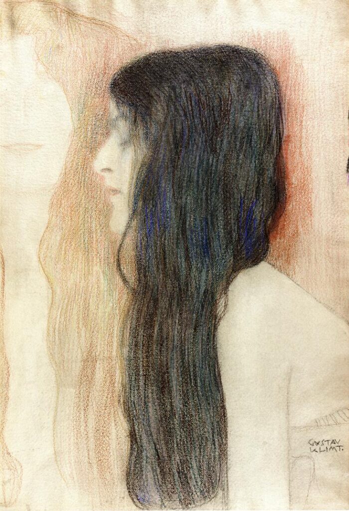 Girl with Long Hair, with a sketch for 'Nude Veritas' (1898) - Gustav Klimt Tablo