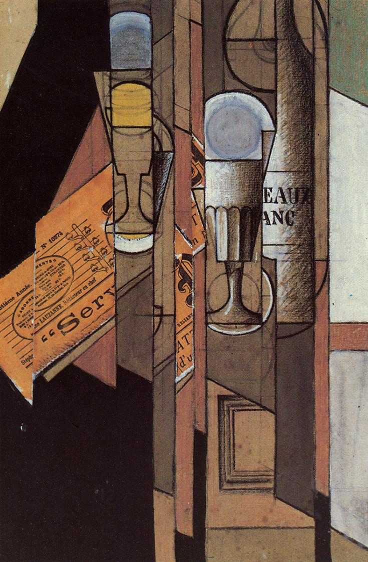 Glasses, Newspaper and Bottle of Wine - Juan Gris Tablo