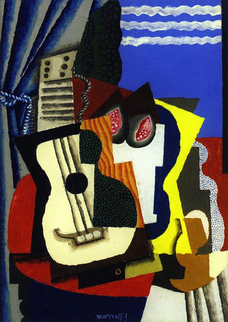 Guitar and Pomegranates by a Window (1921) - Louis Marcoussis Tablo
