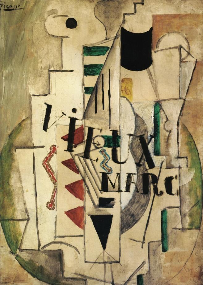 Guitar, Glass and Bottle of Vieux Marc (1912) - Pablo Picasso Tablo