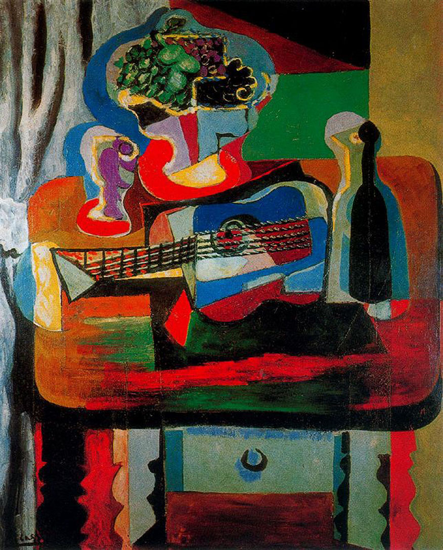 Guitar, bottle, fruit dish and glass on the table (1919) - Pablo Picasso Tablo