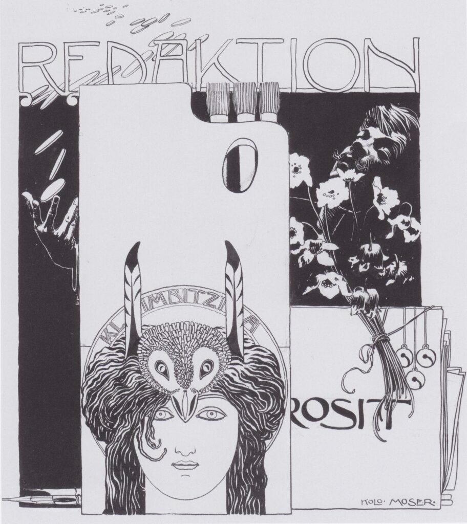 Happy editing. Illustration with self portrait. (1895) - Koloman Moser Tablo