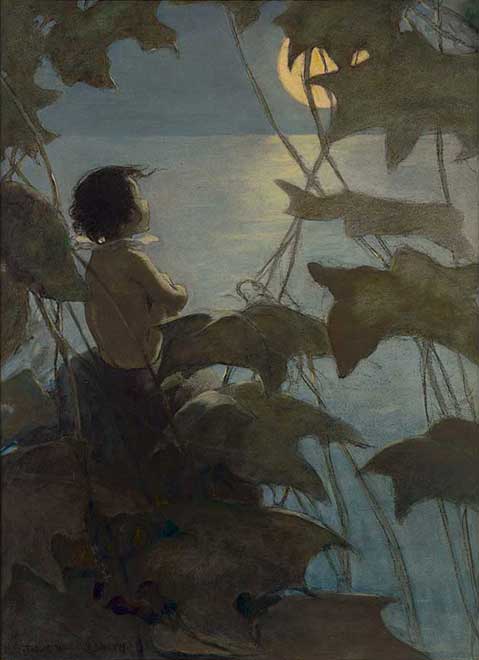 He Looked Up at the Broad Yellow Moon and Thought That She Looked at Him (1916) – Jessie Willcox Smith Tablo
