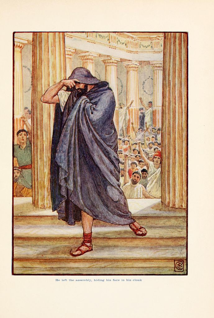 He lefts assembly, hiding his face in his cloak – Walter Crane Tablo