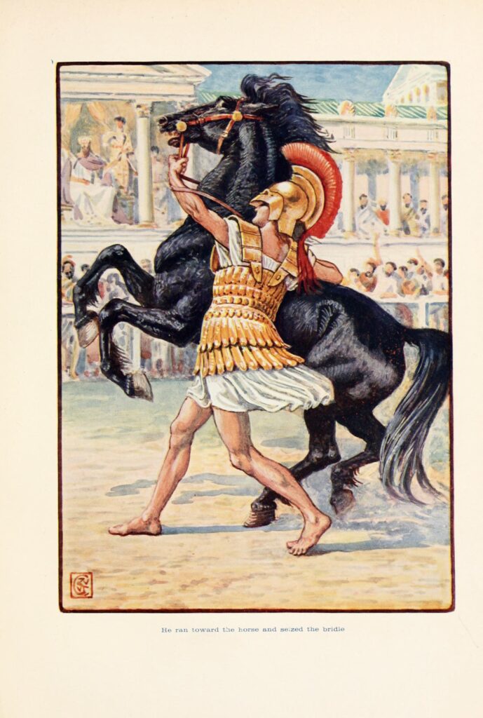 He ran toward the horse and seized the bridle - Walter Crane Tablo