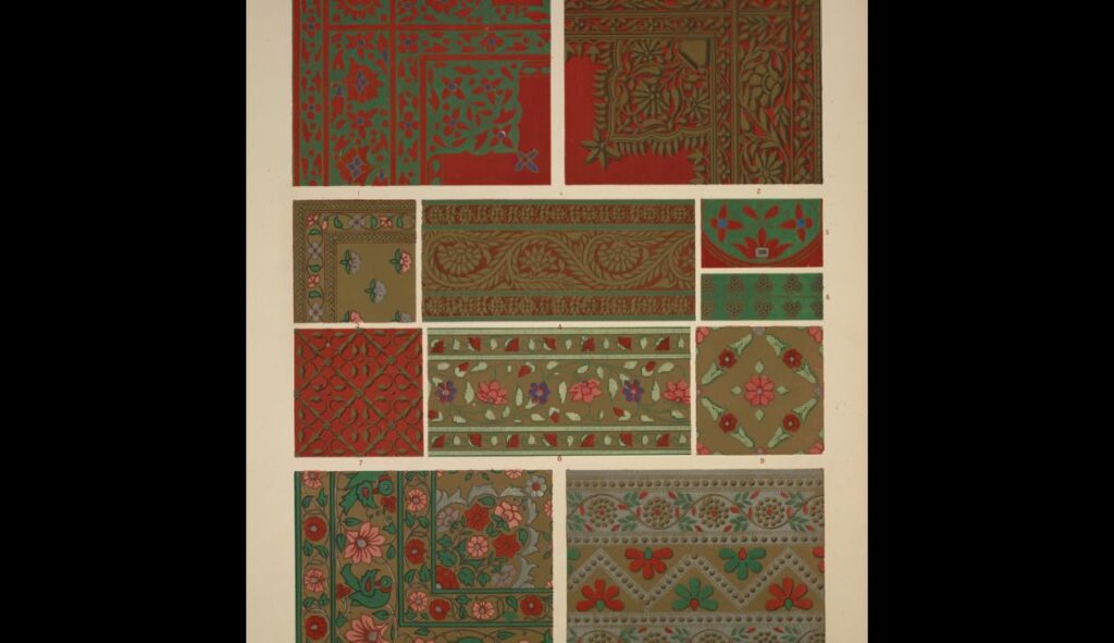 Indian Ornament no. 2. Ornaments from woven fabrics and paintings on vases exhibited in the Indian C - Owen Jones Tablo