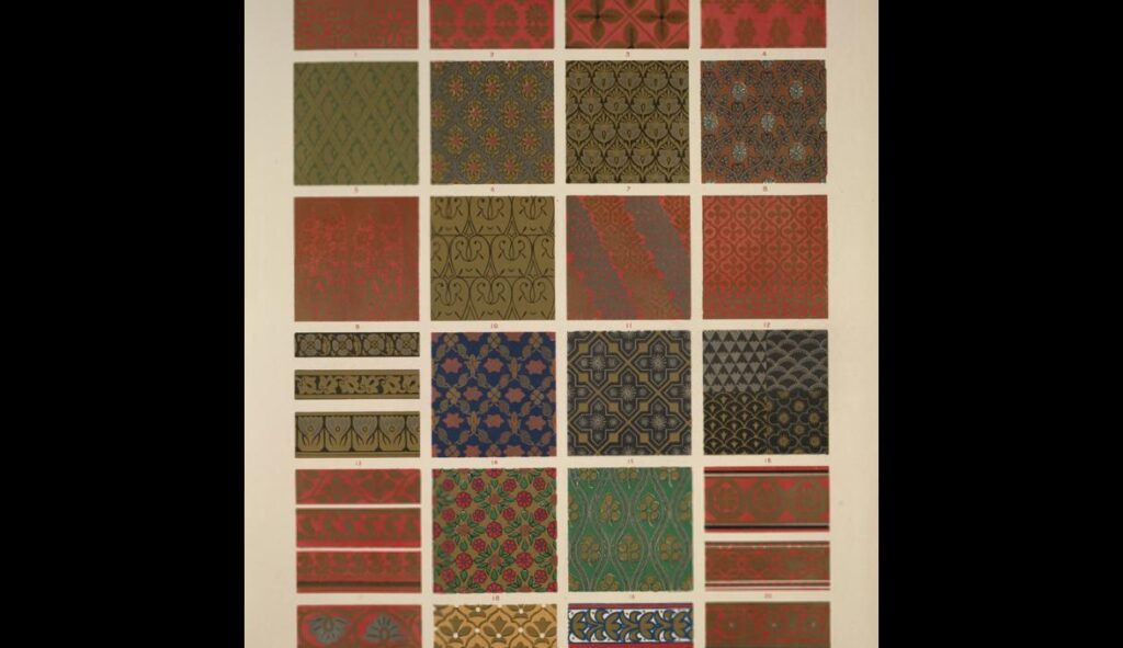 Indian Ornament no. 3. Ornaments from woven fabrics and paintings on vases exhibited in the Indian C - Owen Jones Tablo