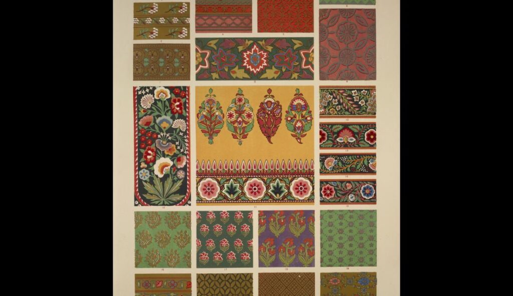 Indian Ornament no. 4. Ornaments from woven fabrics and paintings on vases exhibited in the Indian C - Owen Jones Tablo