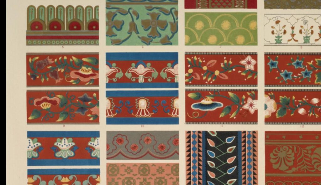 Indian Ornament no. 7. Ornaments from wooden and embroidered fabrics and painted boxes exhibited in - Owen Jones Tablo