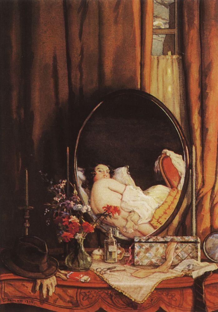Intimate Reflection in the Mirror on the Dressing Table (1934) – Konstantin Somov Tablo