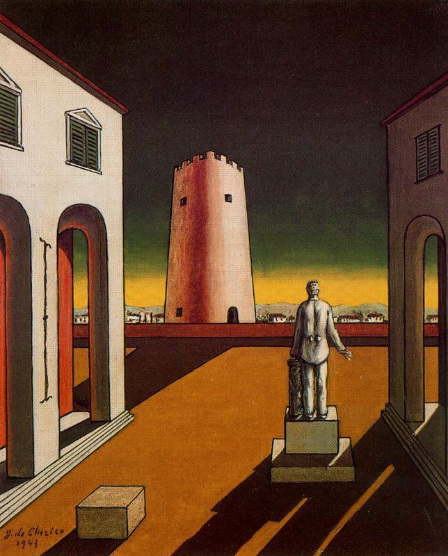 Italian plaza with a red tower (1943) – Giorgio de Chirico Tablo