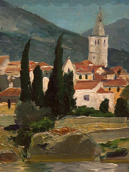 Józef Pankiewicz Landscape with a Church and Cypresses Ca. 1914, Oil on Canvas - Józef Pankiewicz Tablo