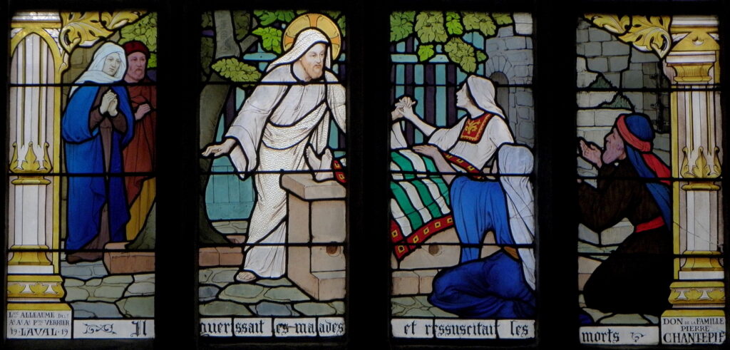 Jesus and the Samaritan woman. Eglise Saint Sulpice de Fougères (1er registre. Résurrection de la fi (1919) - Ludovic Alleaume Tablo