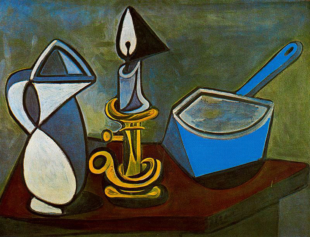 Jug, candle and enamel pan (1945) - Pablo Picasso Tablo