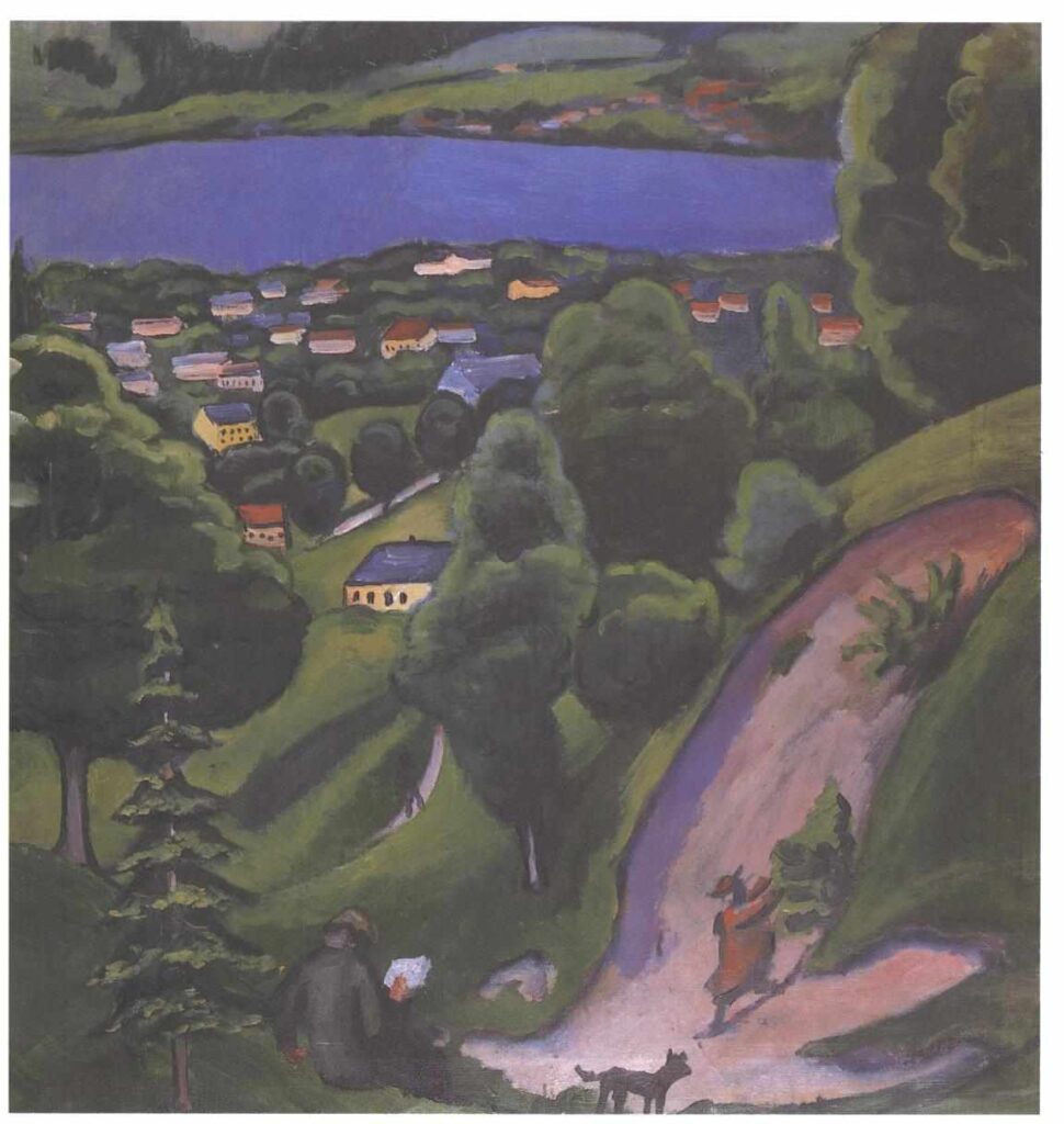 Landscape on the Teggernsee with a reading man (1910) - August Macke Tablo