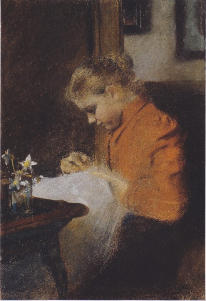 Leopoldine Steindl Moser, eine Schwester des Künstlers, nähend (1895) - Koloman Moser Tablo