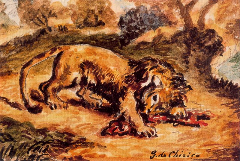 Lion devouring a piece of meat – Giorgio de Chirico Tablo
