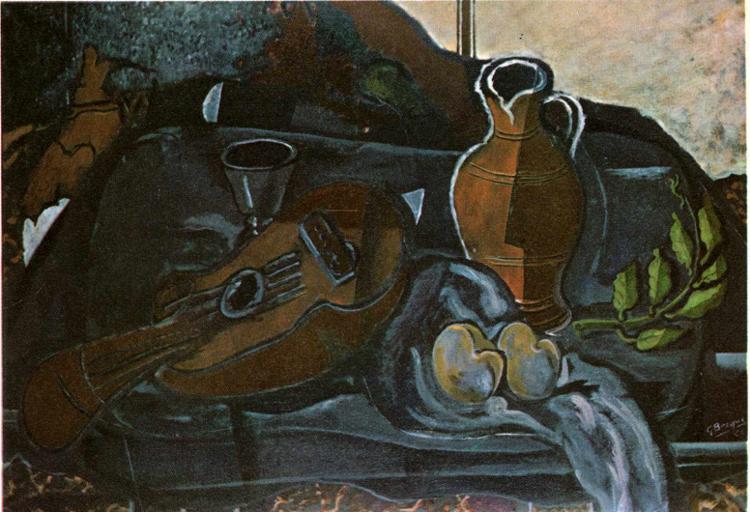 Mandolin, Glass, Pot and Fruit (1927) - Georges Braque Tablo