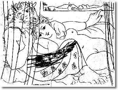Minotaur and woman behind a curtain (1933) - Pablo Picasso Tablo
