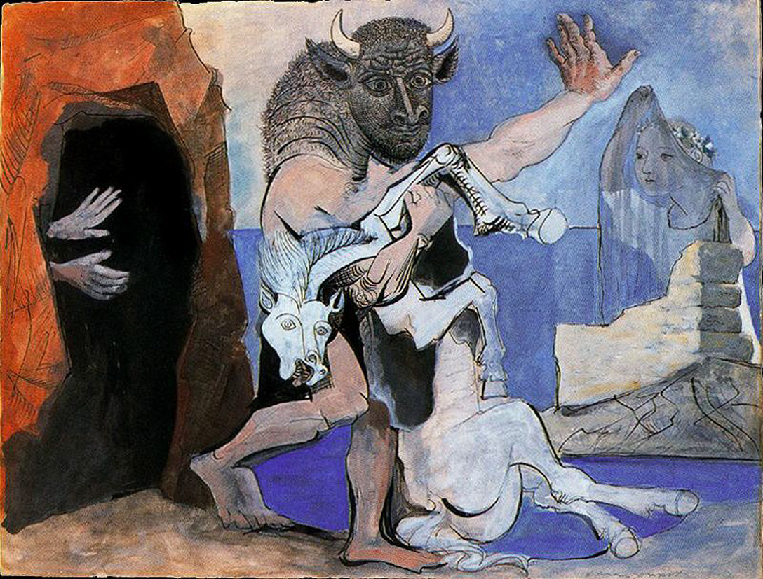 Minotaur with dead horse in front of a cave facing a girl in veil (1936) - Pablo Picasso Tablo