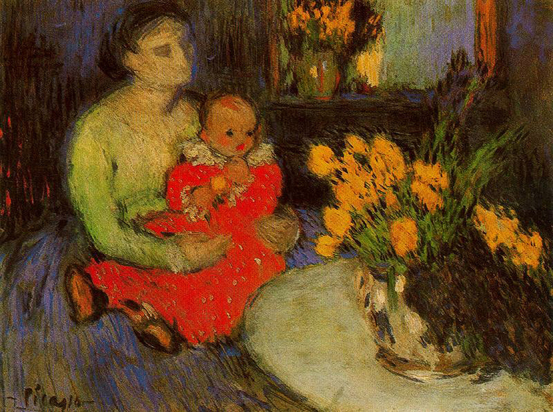 Mother and child behind the bouquet of flowers (1901) - Pablo Picasso Tablo