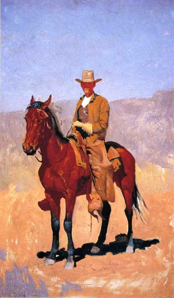 Mounted Cowboy In Chaps With Race Horse - Frederic Remington Tablo