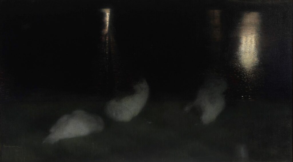 Nocturne – Swans in the Saxon Garden in Warsaw by Night (1893) - Józef Pankiewicz Tablo