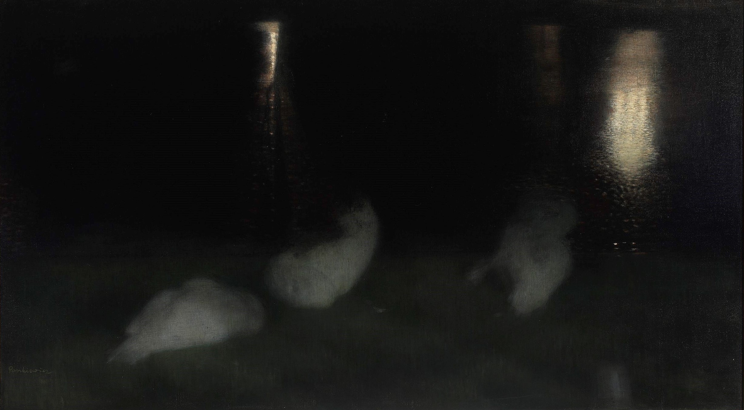 Nocturne – Swans in the Saxon Garden in Warsaw by Night (1893) - Józef Pankiewicz Tablo