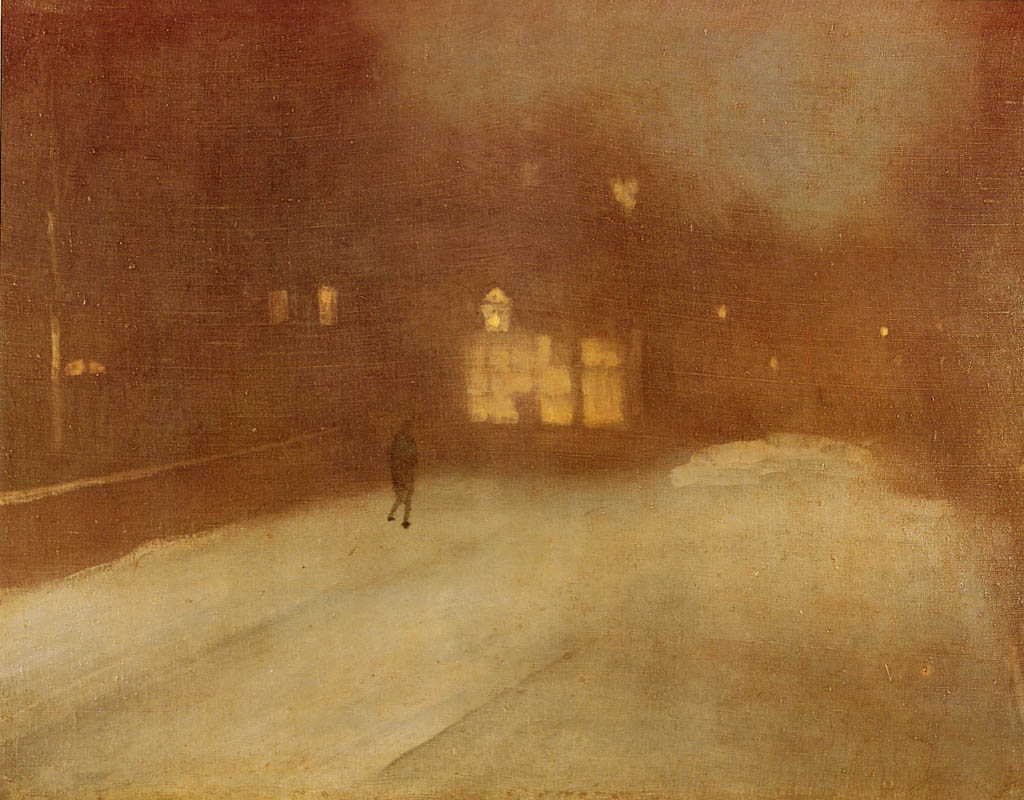 Nocturne in Gray and Gold snow in Chelsea - James McNeill Whistler Tablo