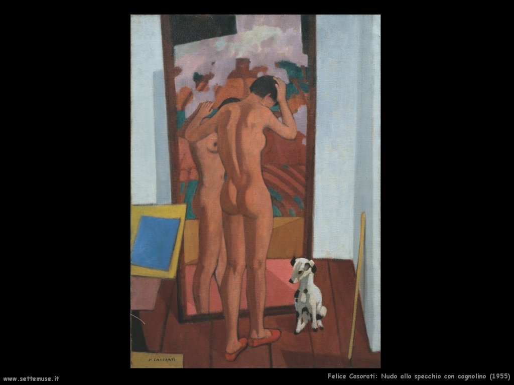 Nudo allo specchio con cagnolino (1955) – Felice Casorati Tablo