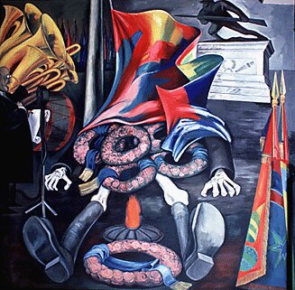 Panel 18. Modern Human Sacrifice The Epic of American Civilization (1932) – José Clemente Orozco Tablo