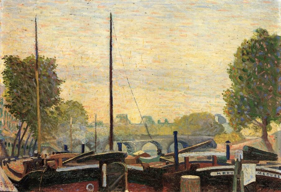 Paris, The Seine, the Barges of the Louvre (1908) - Gino Severini Tablo