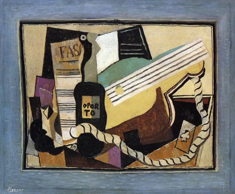 Partition, bottle of port, guitar, playing cards (1917) - Pablo Picasso Tablo
