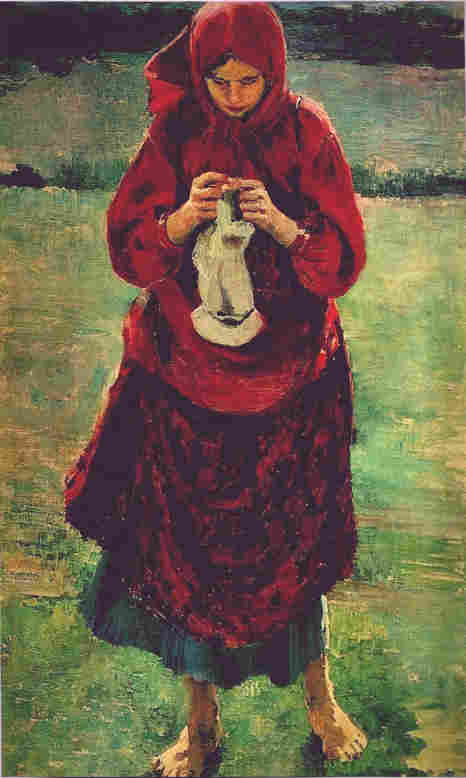 Peasant Girl Knitting a Stocking (1895) – Filipp Malyavin Tablo