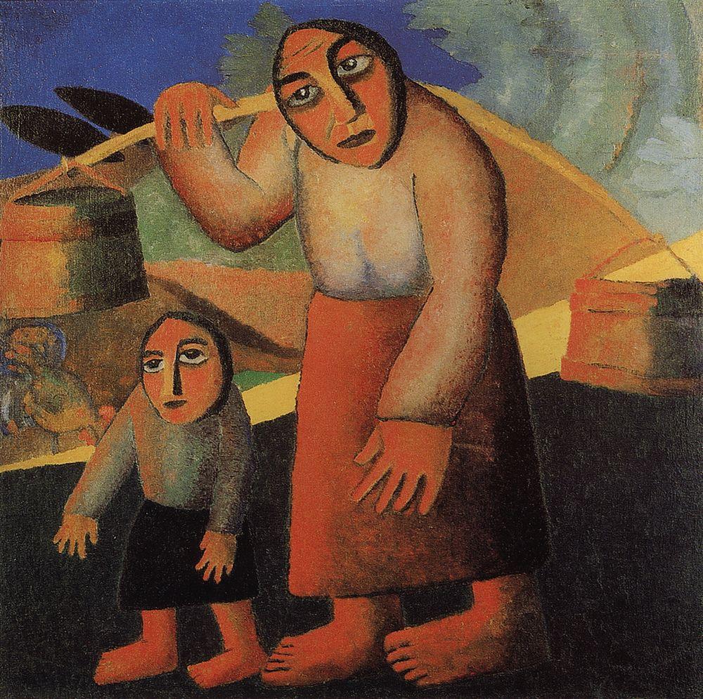 Peasant Woman with Buckets and a Child (1912) - Kazimir Malevich Tablo