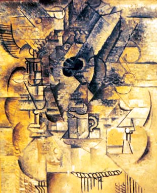 Pedestal, glasses, cups, mandolin (1911) - Pablo Picasso Tablo