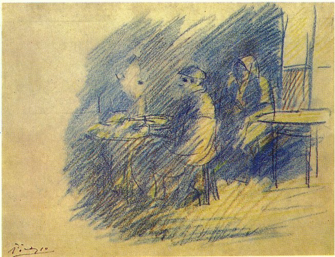 Picasso and S. Junier Vidal sitting near Celestina (1904) - Pablo Picasso Tablo