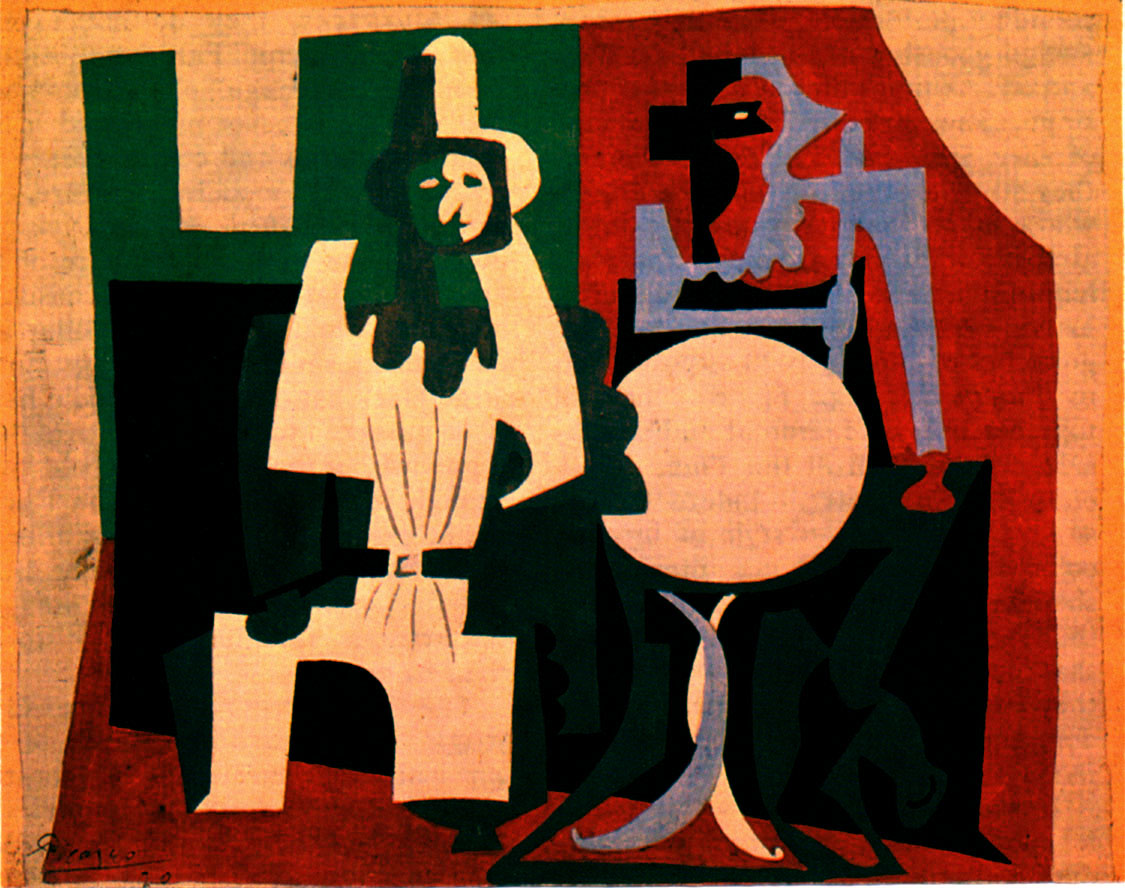 Pierrot and harlequin on the terrace of café (1920) - Pablo Picasso Tablo