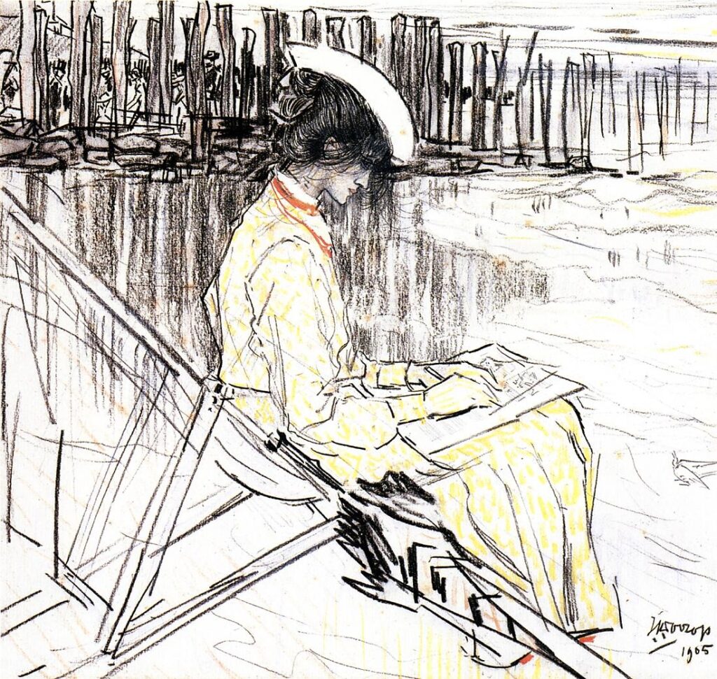 Portrait of Emma Bellwidt on the Beach at Domburg (1905) - Jan Toorop Tablo