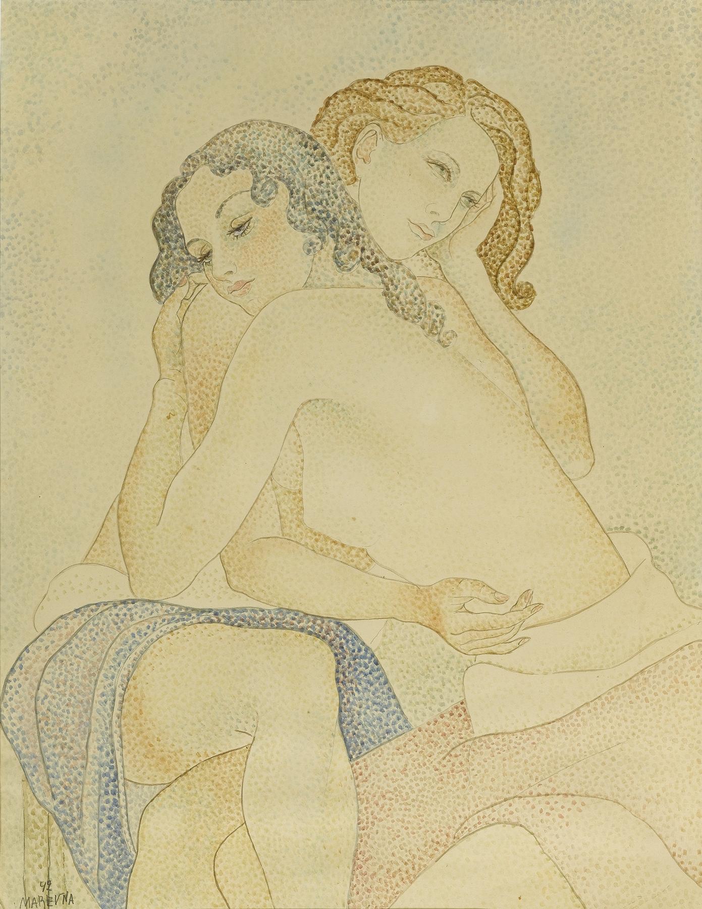 Portrait of the Artist’s Daughter, Marika (Rivera), aged 23, with a Lover - Marevna (Marie Vorobieff) Tablo