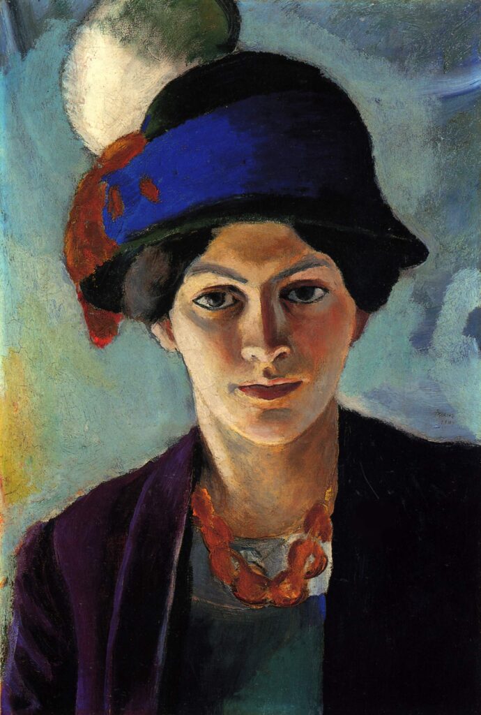 Portrait of the artist's wife with a hat (1909) - August Macke Tablo