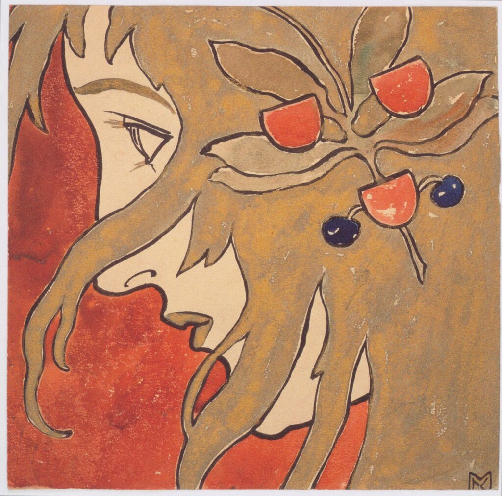 Profile of a girl. Preparatory work for a decorative stain in red and green. (1897) - Koloman Moser Tablo
