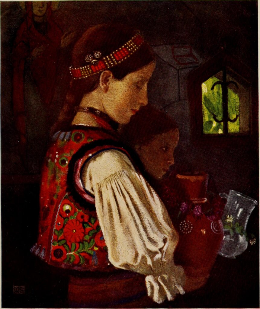 RUMANIAN CHILDREN BRINGING WATER TO BE BLESSED IN THE GREEK CHURCH, DESZE (1909) - Marianne Stokes Tablo