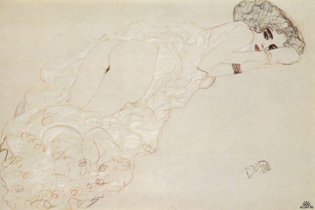 Reclining Nude Lying on Her Stomach and Facing Right (1910) - Gustav Klimt Tablo
