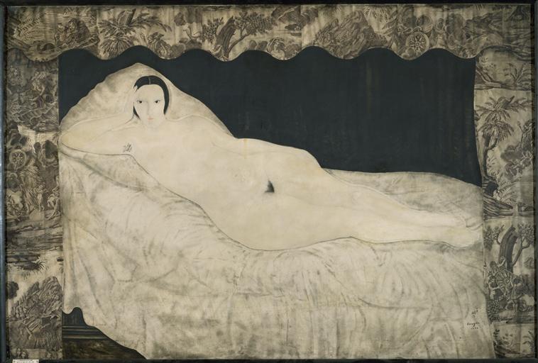 Reclining Nude with Toile de Jouy (1922) – Tsuguharu Foujita Tablo