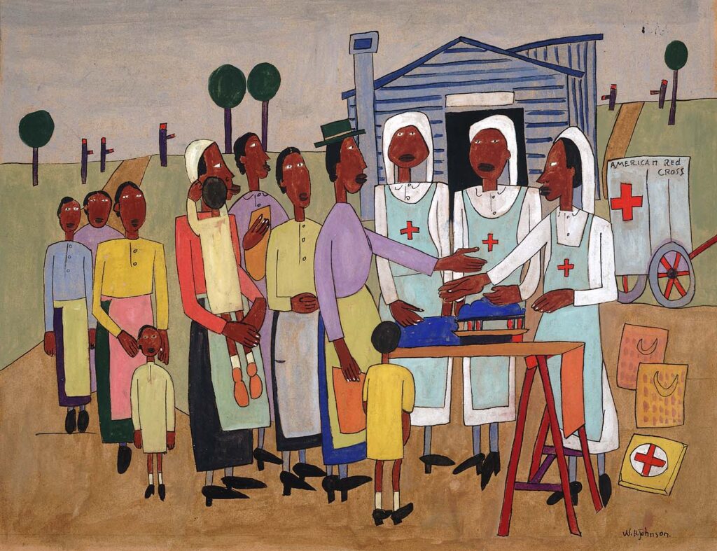 Red Cross Nurses Handing out Wool for Knitting (1942) – William H. Johnson Tablo